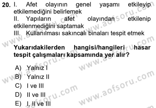 Afet Yönetimi 1 Dersi 2021 - 2022 Yılı Yaz Okulu Sınav Soruları 20. Soru