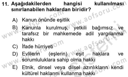 İnsan Hakları Ve Kamu Özgürlükleri Dersi 2019 - 2020 Yılı (Vize) Ara Sınav Soruları 11. Soru