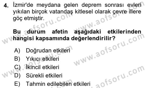 Afet Yönetimi 1 Dersi 2019 - 2020 Yılı (Vize) Ara Sınav Soruları 4. Soru