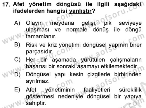 Afet Yönetimi 1 Dersi 2023 - 2024 Yılı (Vize) Ara Sınav Soruları 17. Soru
