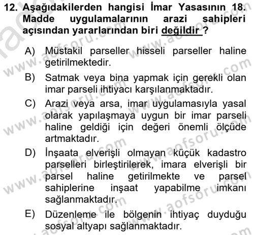 Kent, Planlama ve Afet Risk Yönetimi Dersi 2024 - 2025 Yılı Yaz Okulu Sınav Soruları 12. Soru