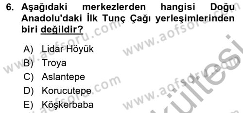 Anadolu Arkeolojisi Dersi 2025 - 2026 Yılı (Vize) Ara Sınav Soruları 6. Soru