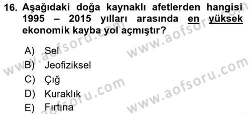 Afet Risk Azaltma Politikaları Dersi 2022 - 2023 Yılı (Final) Dönem Sonu Sınav Soruları 16. Soru