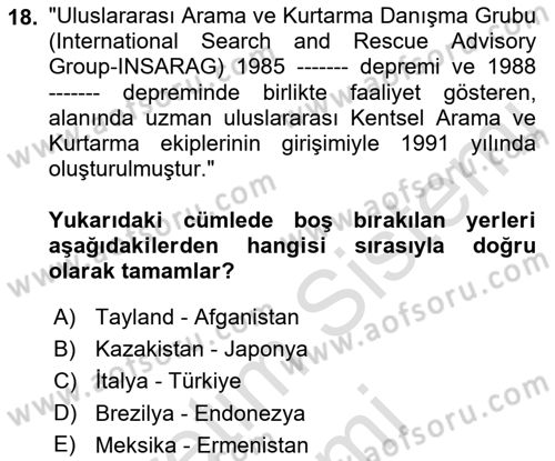 Arama Kurtarma Bilgisi ve Etik Değerler Dersi 2021 - 2022 Yılı (Final) Dönem Sonu Sınav Soruları 18. Soru