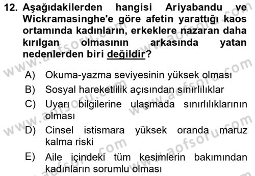Afet Psikolojisi ve Sosyolojisi Dersi 2020 - 2021 Yılı Yaz Okulu Sınav Soruları 12. Soru