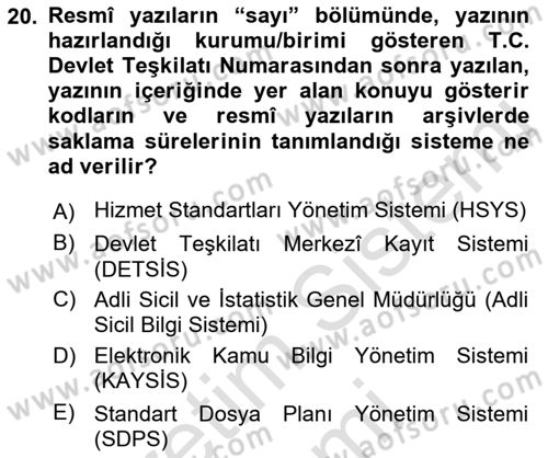 Mesleki Bilgisayar Ve Uyap Dersi 2023 - 2024 Yılı (Vize) Ara Sınav Soruları 20. Soru
