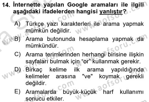 Büro Teknolojileri Dersi 2016 - 2017 Yılı (Vize) Ara Sınav Soruları 14. Soru