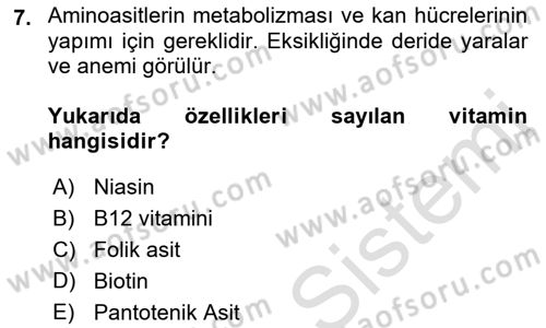 Beslenmenin Temel İlkeleri Dersi 2021 - 2022 Yılı (Vize) Ara Sınav Soruları 7. Soru