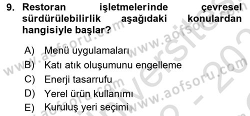 Gastronomi Ve Sürdürülebilirlik Dersi 2022 - 2023 Yılı Yaz Okulu Sınav Soruları 9. Soru