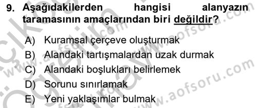 Sosyal Bilimlerde Araştırma Yöntemleri Dersi 2018 - 2019 Yılı Yaz Okulu Sınav Soruları 9. Soru