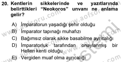 Anadolu Arkeolojisi Dersi 2018 - 2019 Yılı Yaz Okulu Sınav Soruları 20. Soru