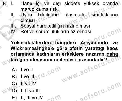 Afet Psikolojisi ve Sosyolojisi Dersi 2023 - 2024 Yılı (Final) Dönem Sonu Sınav Soruları 6. Soru
