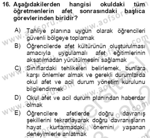 Acil Durum Ve Afet Yönetimi Planları Dersi 2023 - 2024 Yılı (Final) Dönem Sonu Sınav Soruları 16. Soru
