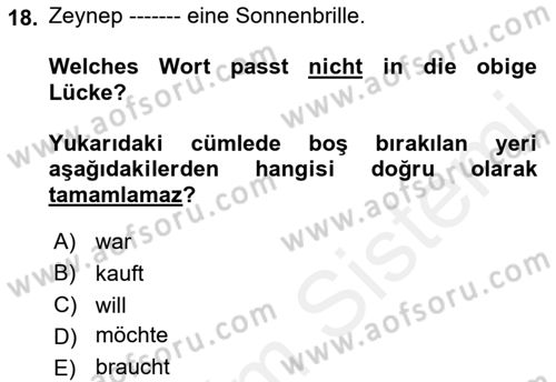 Almanca 1 Dersi 2018 - 2019 Yılı (Final) Dönem Sonu Sınav Soruları 18. Soru