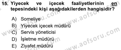Yiyecek Ve İçecek İşletmeciliği Dersi 2023 - 2024 Yılı (Vize) Ara Sınav Soruları 15. Soru