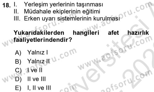 Afet Yönetimi 1 Dersi 2021 - 2022 Yılı (Vize) Ara Sınav Soruları 18. Soru