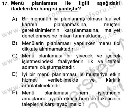 Menü Yönetimi Dersi 2016 - 2017 Yılı (Vize) Ara Sınav Soruları 17. Soru
