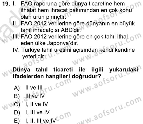 Gıda Coğrafyası Dersi 2016 - 2017 Yılı (Vize) Ara Sınav Soruları 19. Soru