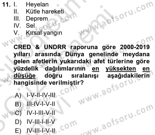 Temel Afet Bilgisi Dersi 2022 - 2023 Yılı (Vize) Ara Sınav Soruları 11. Soru