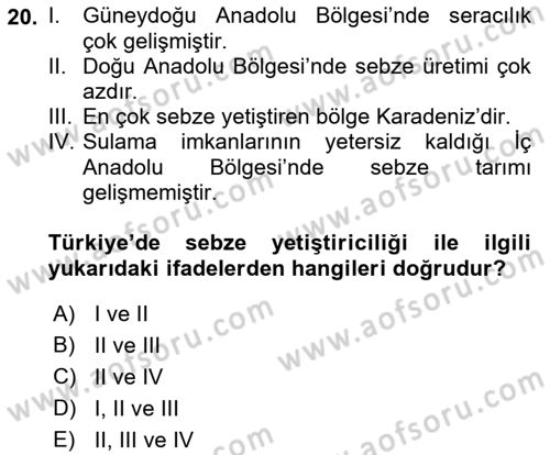 Gıda Coğrafyası Dersi 2018 - 2019 Yılı (Vize) Ara Sınav Soruları 20. Soru