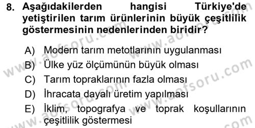 Gıda Coğrafyası Dersi 2016 - 2017 Yılı (Vize) Ara Sınav Soruları 8. Soru