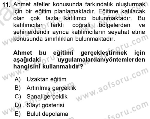 Acil Durum ve Afet Farkındalık Eğitimi Dersi 2018 - 2019 Yılı 3 Ders Sınav Soruları 11. Soru