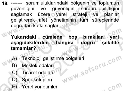 Afet Yönetimi 1 Dersi 2023 - 2024 Yılı (Vize) Ara Sınav Soruları 18. Soru