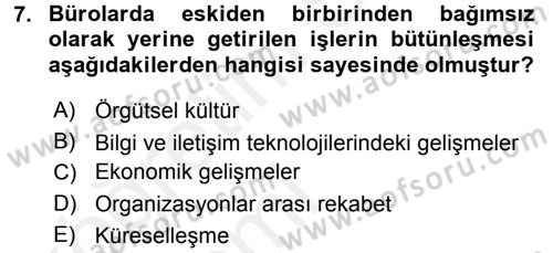 Büro Teknolojileri Dersi 2015 - 2016 Yılı Tek Ders Sınav Soruları 7. Soru