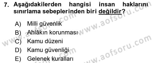 İnsan Hakları Ve Kamu Özgürlükleri Dersi 2018 - 2019 Yılı 3 Ders Sınav Soruları 7. Soru