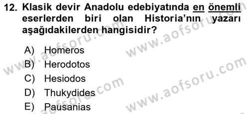Anadolu Arkeolojisi Dersi 2018 - 2019 Yılı Yaz Okulu Sınav Soruları 12. Soru