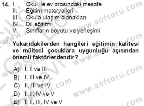 Göç Ve Göçmen Sorunları Dersi 2021 - 2022 Yılı (Vize) Ara Sınav Soruları 14. Soru