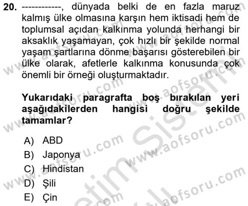 Afet Psikolojisi ve Sosyolojisi Dersi 2020 - 2021 Yılı Yaz Okulu Sınav Soruları 20. Soru