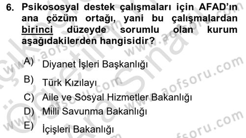 Afet Psikolojisi ve Sosyolojisi Dersi 2021 - 2022 Yılı (Vize) Ara Sınav Soruları 6. Soru