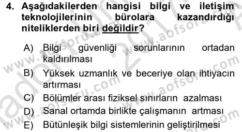 Büro Teknolojileri Dersi 2017 - 2018 Yılı (Vize) Ara Sınav Soruları 4. Soru