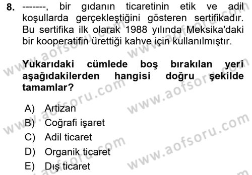 Yemek Sosyolojisi Dersi 2024 - 2025 Yılı Yaz Okulu Sınav Soruları 8. Soru