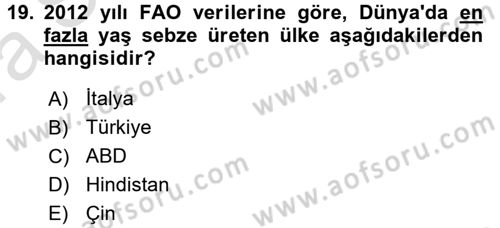Gıda Coğrafyası Dersi 2017 - 2018 Yılı (Vize) Ara Sınav Soruları 19. Soru