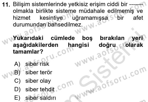 Acil Durum ve Afetlerde Ulaştırma Yönetimi ve Uygulamaları Dersi 2020 - 2021 Yılı Yaz Okulu Sınav Soruları 11. Soru