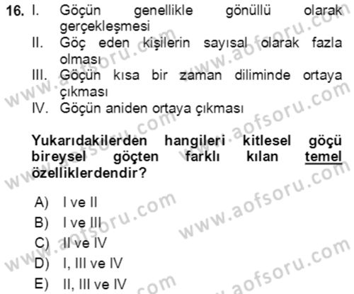 Göç Ve Göçmen Sorunları Dersi 2019 - 2020 Yılı (Vize) Ara Sınav Soruları 16. Soru
