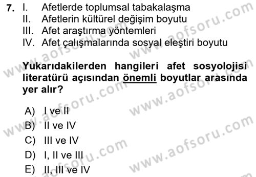 Afet Psikolojisi ve Sosyolojisi Dersi 2023 - 2024 Yılı Yaz Okulu Sınav Soruları 7. Soru