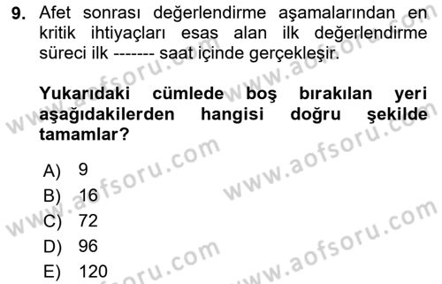 Afet Yönetimi 1 Dersi 2023 - 2024 Yılı (Final) Dönem Sonu Sınav Soruları 9. Soru