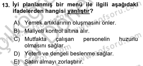 Menü Yönetimi Dersi 2016 - 2017 Yılı (Vize) Ara Sınav Soruları 13. Soru