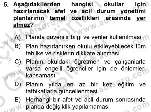 Afet Yönetimi 1 Dersi 2022 - 2023 Yılı (Final) Dönem Sonu Sınav Soruları 5. Soru