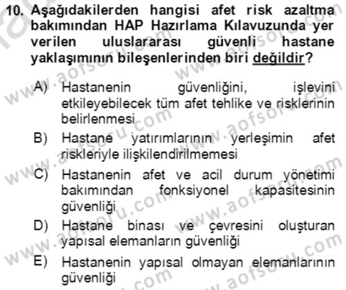 Acil Durum Ve Afet Yönetimi Planları Dersi 2023 - 2024 Yılı Yaz Okulu Sınav Soruları 10. Soru