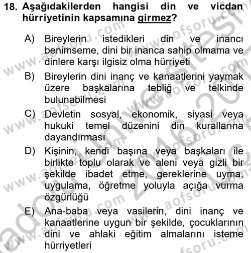 İnsan Hakları Ve Kamu Özgürlükleri Dersi 2016 - 2017 Yılı 3 Ders Sınav Soruları 18. Soru