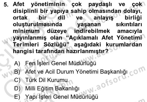 Afet Yönetimi 1 Dersi 2022 - 2023 Yılı (Vize) Ara Sınav Soruları 5. Soru