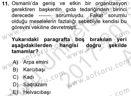 Türk Mutfak Kültürü Dersi 2017 - 2018 Yılı (Vize) Ara Sınav Soruları 11. Soru