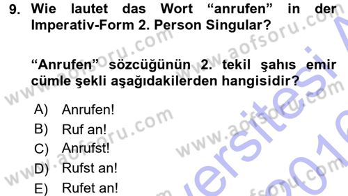 Almanca 1 Dersi 2015 - 2016 Yılı (Final) Dönem Sonu Sınav Soruları 9. Soru