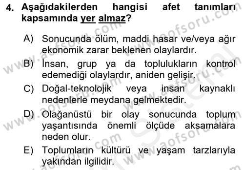 Afet Risk Azaltma Politikaları Dersi 2018 - 2019 Yılı (Vize) Ara Sınav Soruları 4. Soru