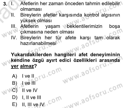 Afet Psikolojisi ve Sosyolojisi Dersi 2023 - 2024 Yılı Yaz Okulu Sınav Soruları 3. Soru