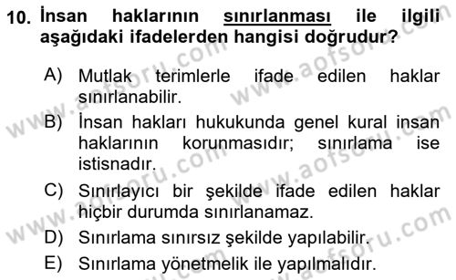 İnsan Hakları Ve Kamu Özgürlükleri Dersi 2021 - 2022 Yılı (Vize) Ara Sınav Soruları 10. Soru